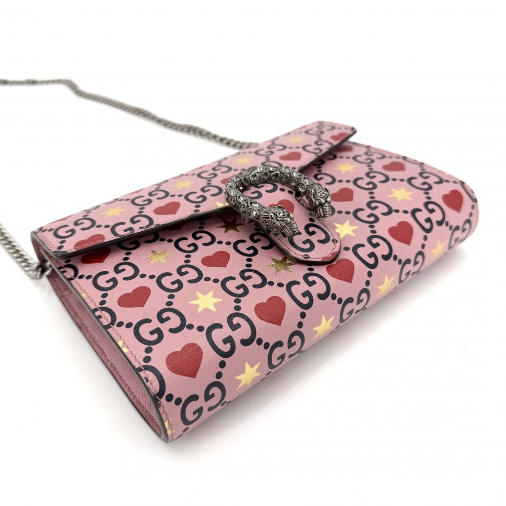 GUCCI グッチ ショルダーバッグ ディオニュソス タイガーヘッド ハート チェーンショルダー スター 401231 レザー ピンク レッド 赤 シルバー金具 レディース【中古品】