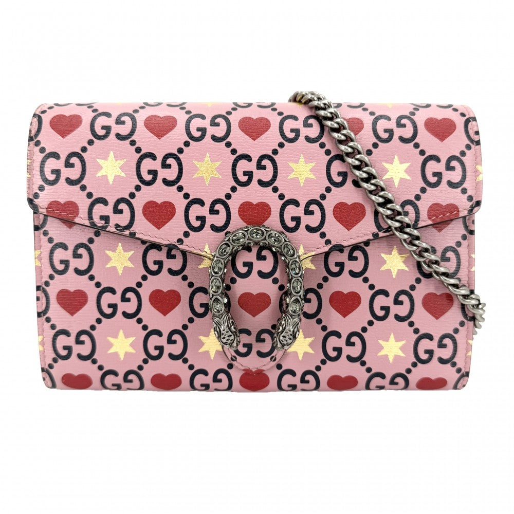 GUCCI グッチ ショルダーバッグ ディオニュソス タイガーヘッド ハート チェーンショルダー スター 401231 レザー ピンク レッド 赤 シルバー金具 レディース【中古品】