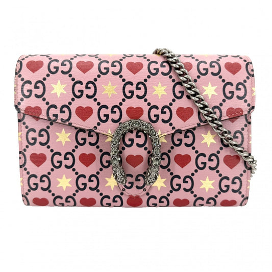 GUCCI グッチ ショルダーバッグ ディオニュソス タイガーヘッド ハート チェーンショルダー スター 401231 レザー ピンク レッド 赤 シルバー金具 レディース【中古品】