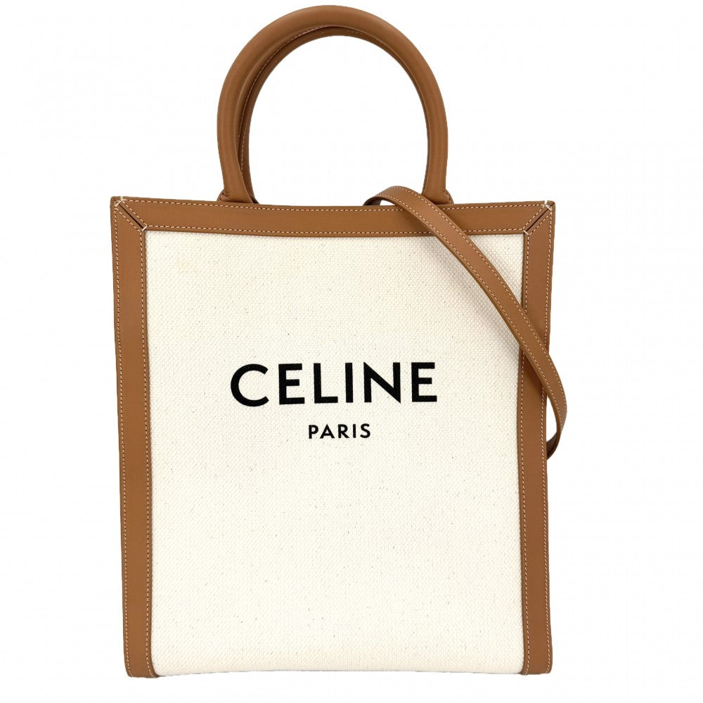 CELINE セリーヌ 2WAY スモール バーティカルカバ ショルダーバッグ トートバッグ ハンドバッグ 192082BNZ.02NT キャンバス レザー アイボリー ブラウン 茶 ゴールド金具 レディース【中古品】