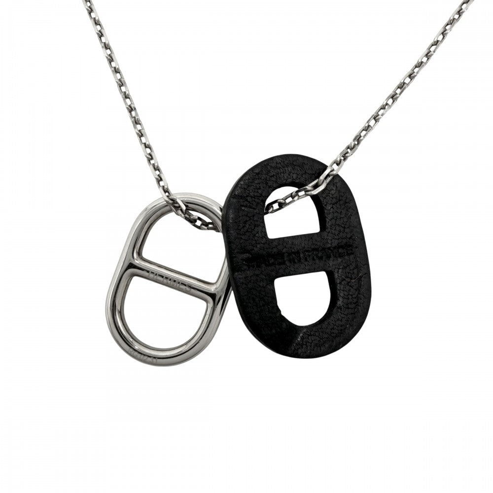 【開店SALE】 HERMES エルメス ネックレス O'MAILLON オーマイヨン シェーヌダンクル ペンダント アクセサリー レザー シルバー ブラック 黒 レディース 約4.3g【中古品】