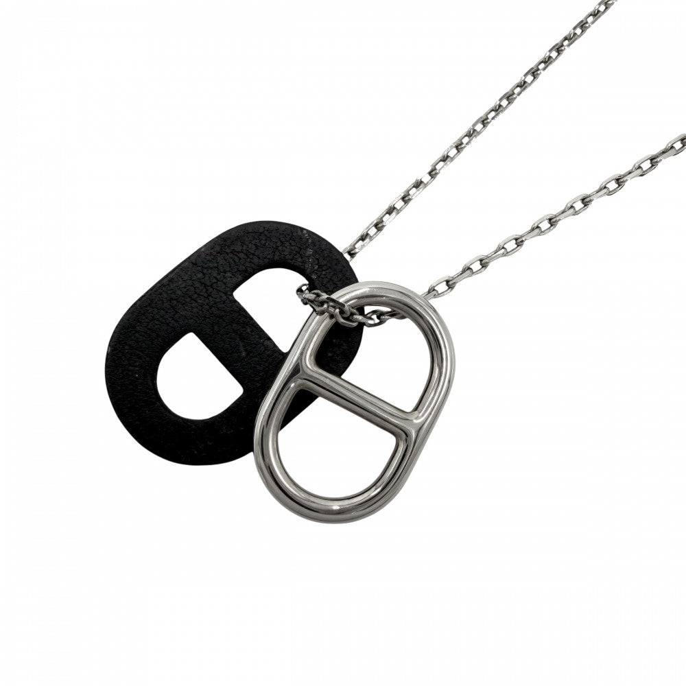【開店SALE】 HERMES エルメス ネックレス O'MAILLON オーマイヨン シェーヌダンクル ペンダント アクセサリー レザー シルバー ブラック 黒 レディース 約4.3g【中古品】