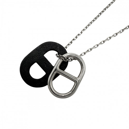 【開店SALE】 HERMES エルメス ネックレス O'MAILLON オーマイヨン シェーヌダンクル ペンダント アクセサリー レザー シルバー ブラック 黒 レディース 約4.3g【中古品】