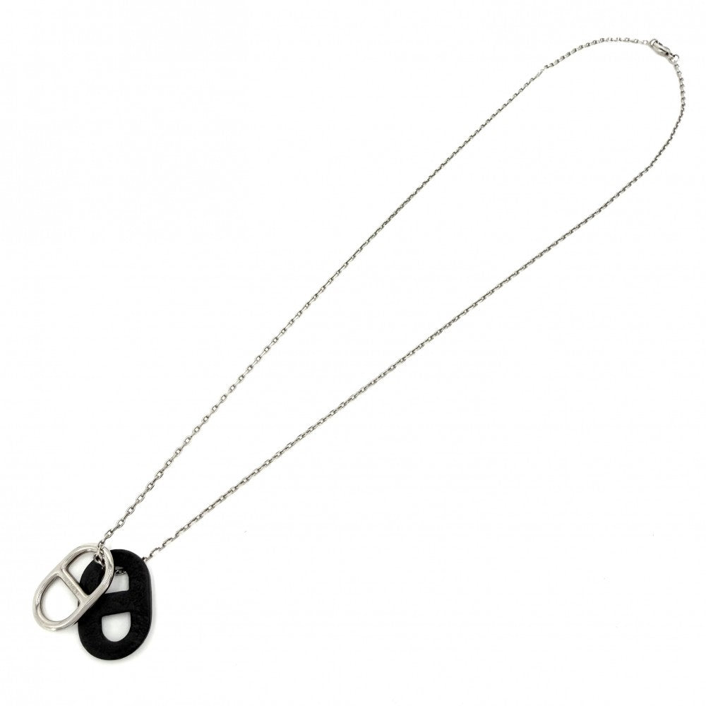 【開店SALE】 HERMES エルメス ネックレス O'MAILLON オーマイヨン シェーヌダンクル ペンダント アクセサリー レザー シルバー ブラック 黒 レディース 約4.3g【中古品】