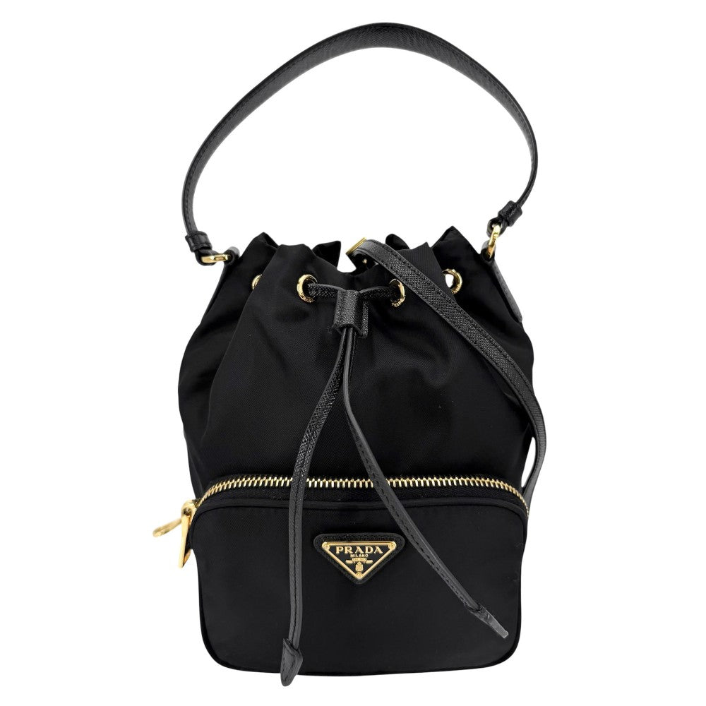 PRADA プラダ 2WAY デュエット バケットバッグ ハンドバッグ ショルダーバッグ 巾着バッグ 1BH038 ナイロン レザー ブラック 黒 ゴールド金具 レディース【中古品】