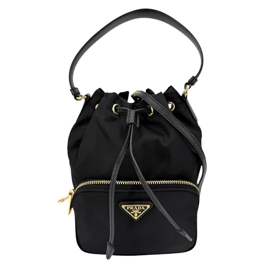 PRADA プラダ 2WAY デュエット バケットバッグ ハンドバッグ ショルダーバッグ 巾着バッグ 1BH038 ナイロン レザー ブラック 黒 ゴールド金具 レディース【中古品】