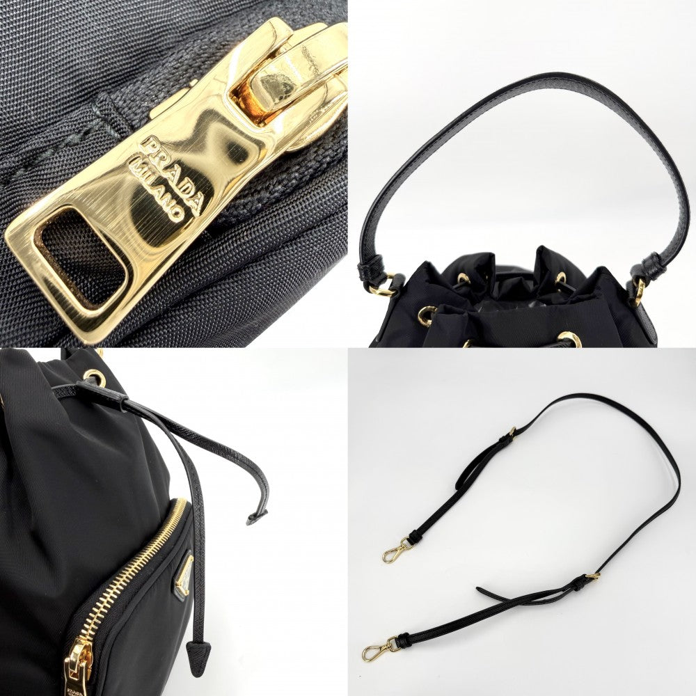 PRADA プラダ 2WAY デュエット バケットバッグ ハンドバッグ ショルダーバッグ 巾着バッグ 1BH038 ナイロン レザー ブラック 黒 ゴールド金具 レディース【中古品】