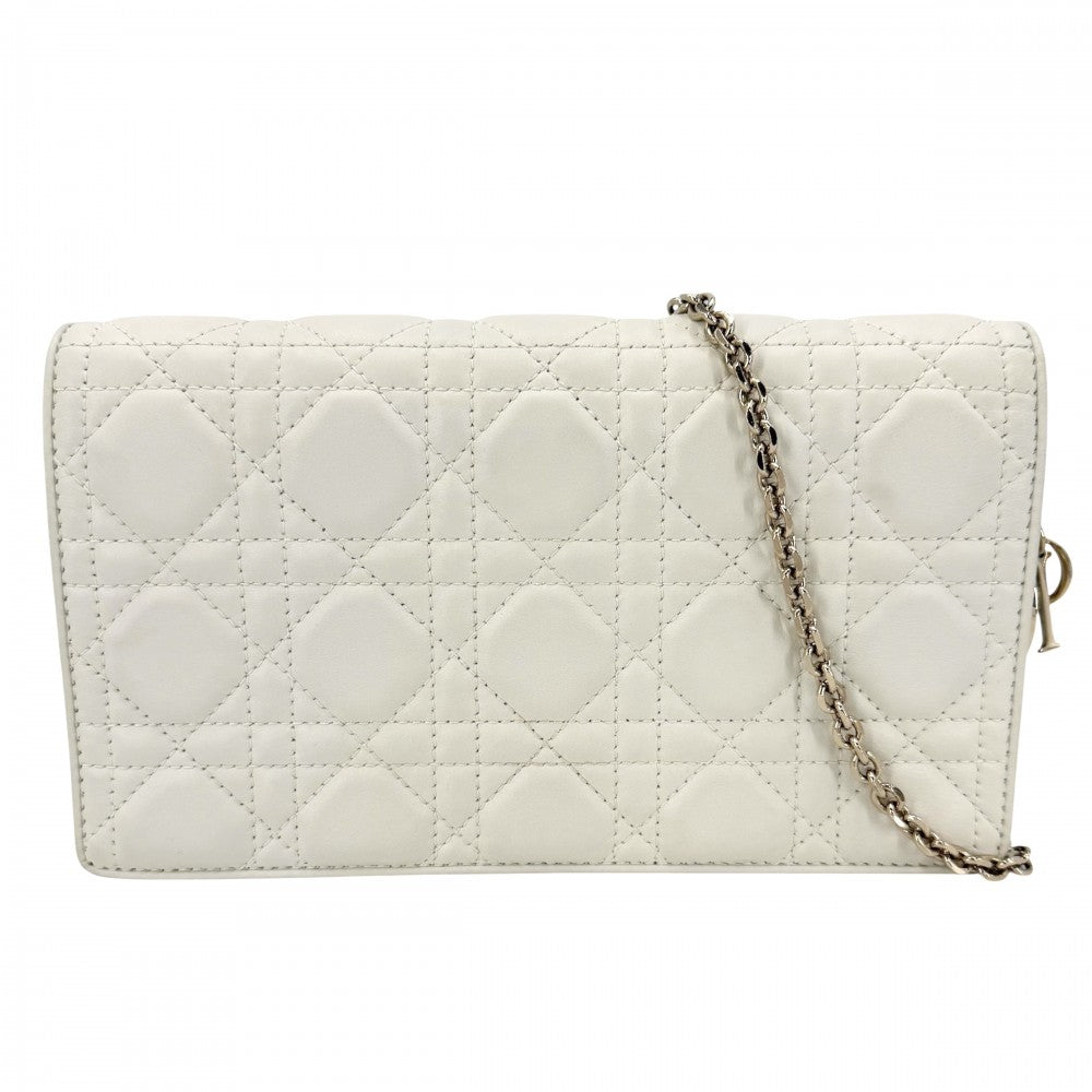 【開店SALE】 Christian Dior クリスチャンディオール ショルダーバッグ レディディオール チェーンポーチ 2WAY チェーンウォレット Lady Dior クラッチバッグ カナージュ 財布 ラムスキン ホワイト 白 ゴールド金具 レディース【中古品】