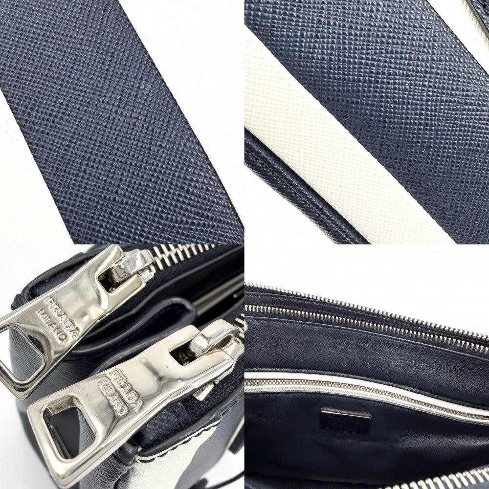 PRADA プラダ 2WAY トライアングルロゴ ガレリア ミディアム ハンドバッグ ショルダーバッグ ストライプ 1BA863 レザー ネイビー 紺 ホワイト 白 シルバー金具 レディース【中古品】
