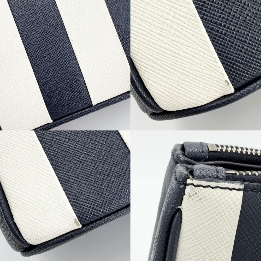PRADA プラダ 2WAY トライアングルロゴ ガレリア ミディアム ハンドバッグ ショルダーバッグ ストライプ 1BA863 レザー ネイビー 紺 ホワイト 白 シルバー金具 レディース【中古品】