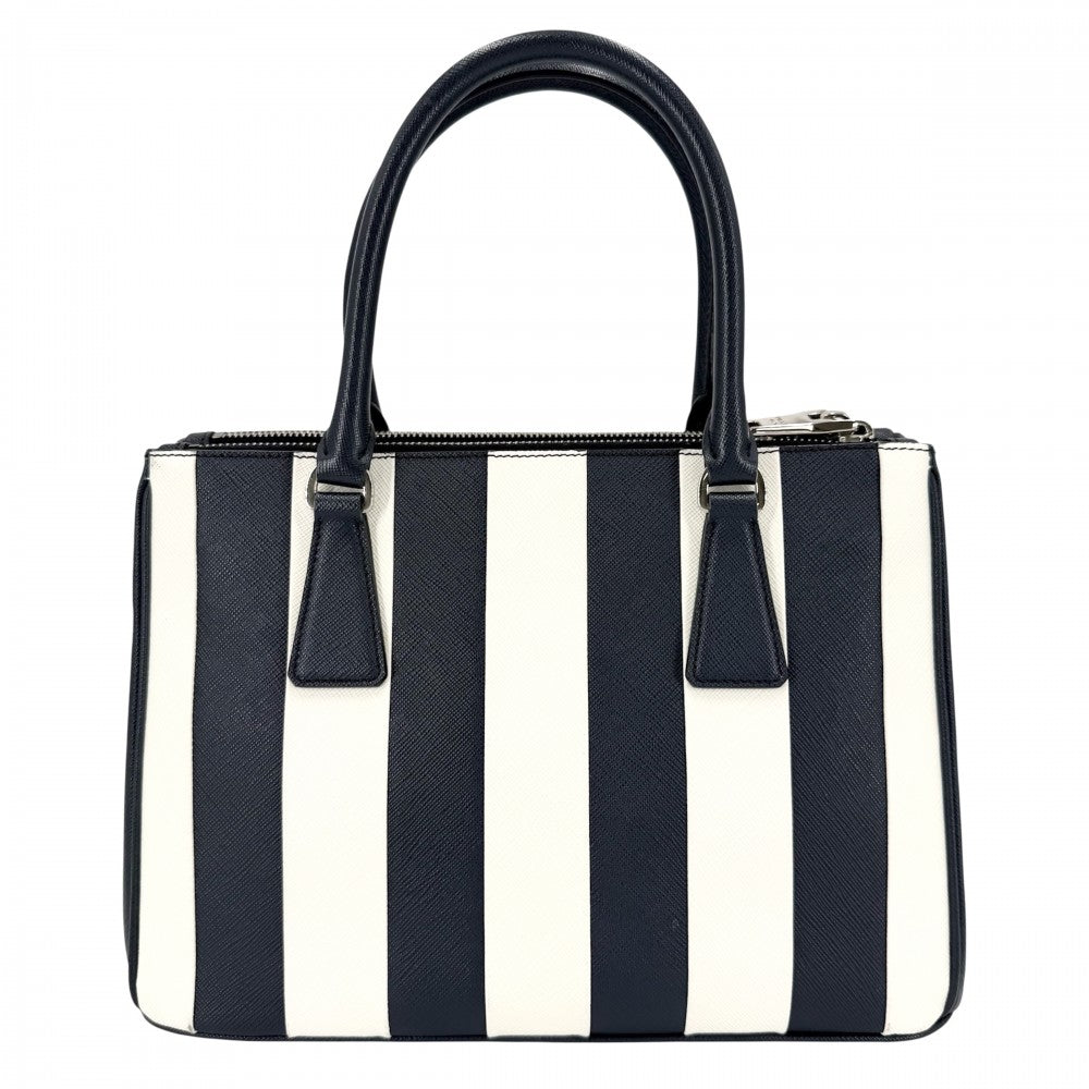 PRADA プラダ 2WAY トライアングルロゴ ガレリア ミディアム ハンドバッグ ショルダーバッグ ストライプ 1BA863 レザー ネイビー 紺 ホワイト 白 シルバー金具 レディース【中古品】