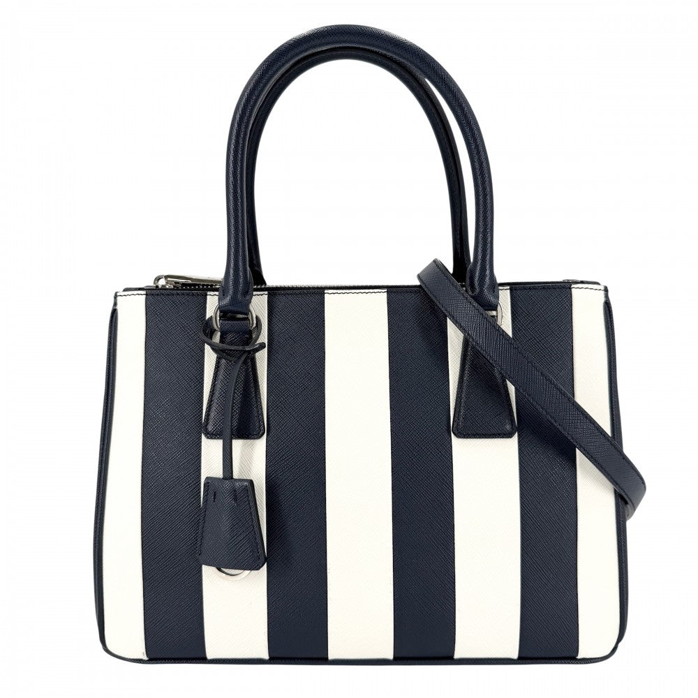 PRADA プラダ 2WAY トライアングルロゴ ガレリア ミディアム ハンドバッグ ショルダーバッグ ストライプ 1BA863 レザー ネイビー 紺 ホワイト 白 シルバー金具 レディース【中古品】