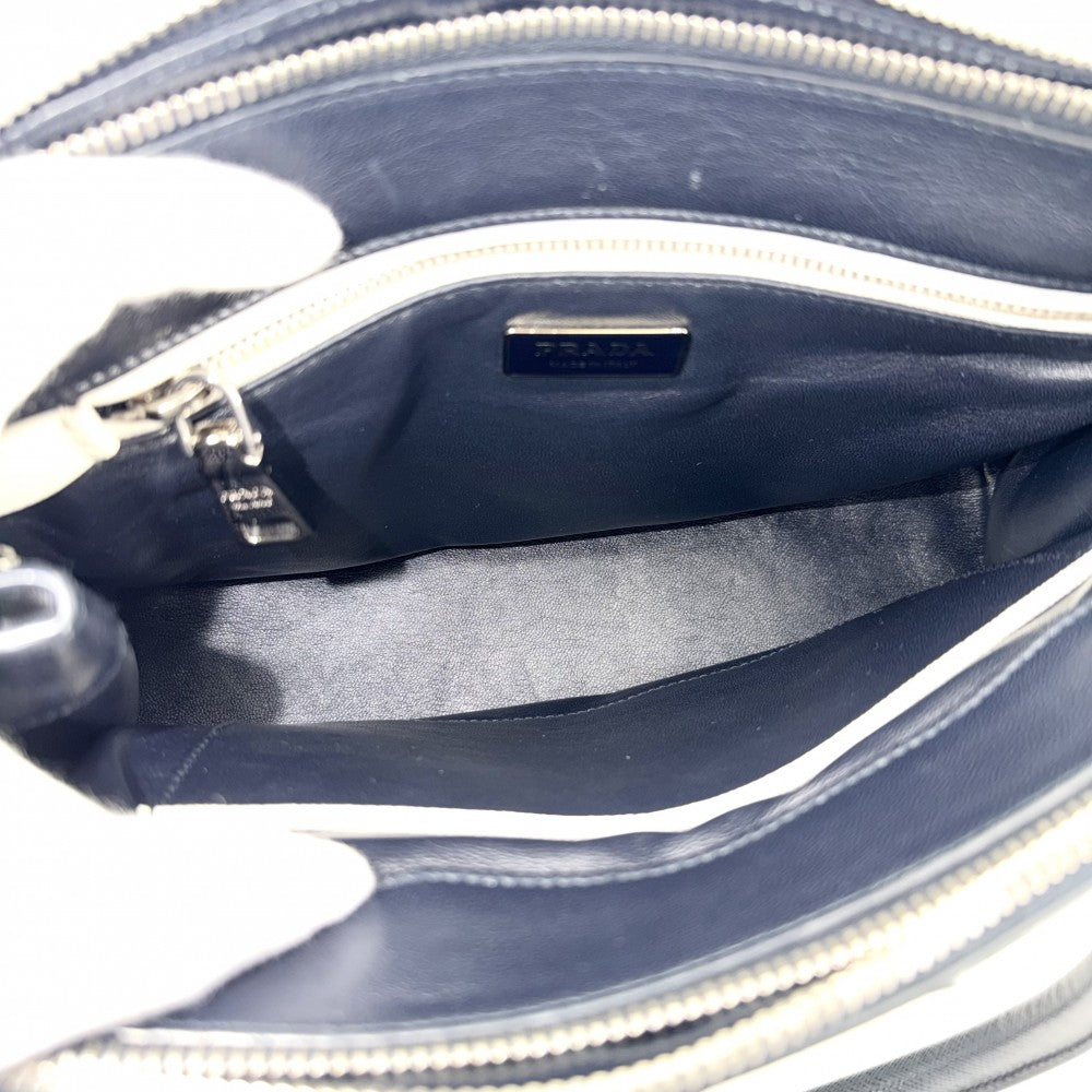 PRADA プラダ 2WAY トライアングルロゴ ガレリア ミディアム ハンドバッグ ショルダーバッグ ストライプ 1BA863 レザー ネイビー 紺 ホワイト 白 シルバー金具 レディース【中古品】