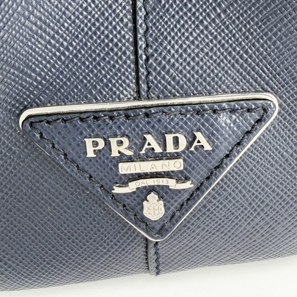 PRADA プラダ 2WAY トライアングルロゴ ガレリア ミディアム ハンドバッグ ショルダーバッグ ストライプ 1BA863 レザー ネイビー 紺 ホワイト 白 シルバー金具 レディース【中古品】