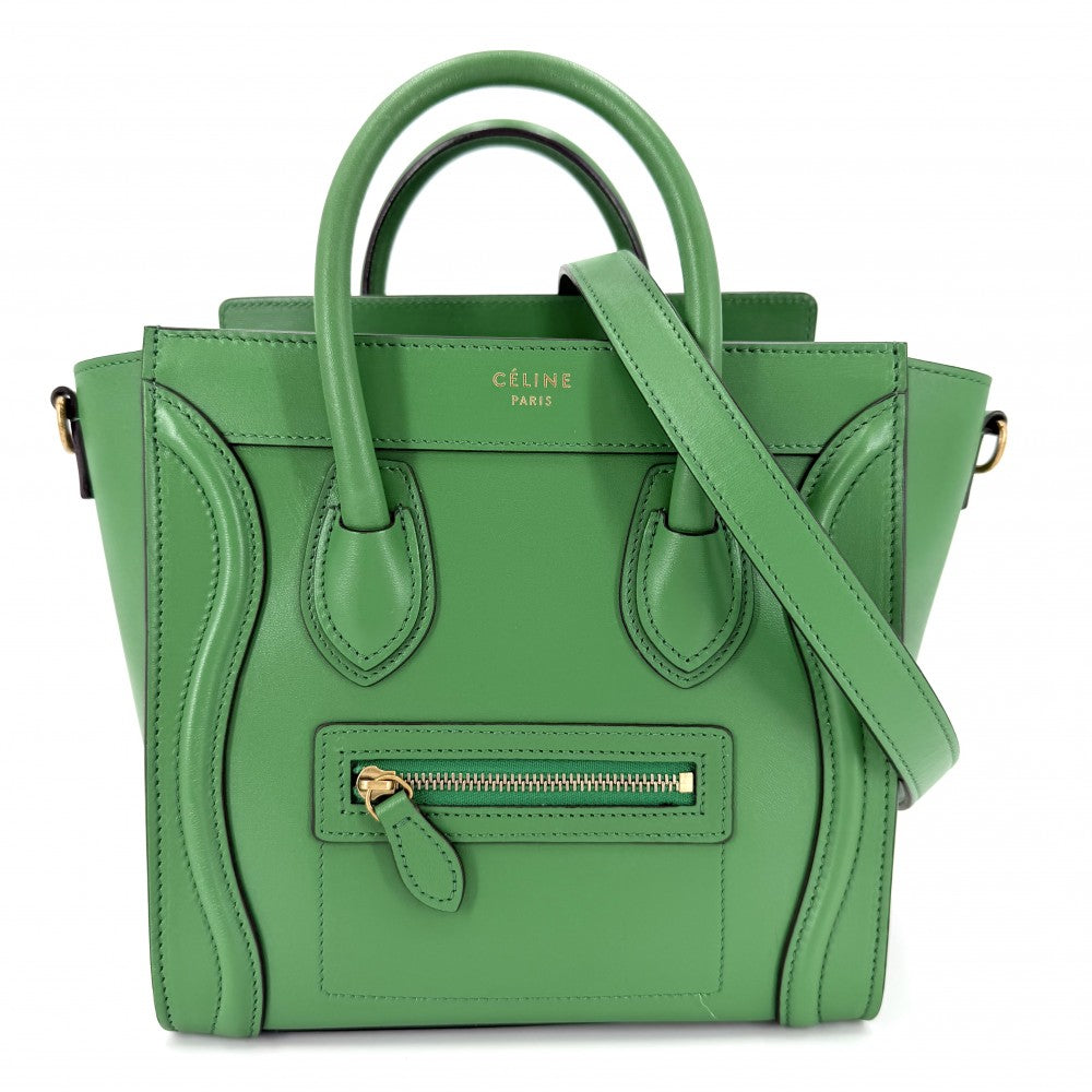 【開店SALE】 CELINE セリーヌ 2WAY ラゲージ ナノ ハンドバッグ ショルダーバッグ レザー グリーン 緑 ゴールド金具 レディース【中古品】