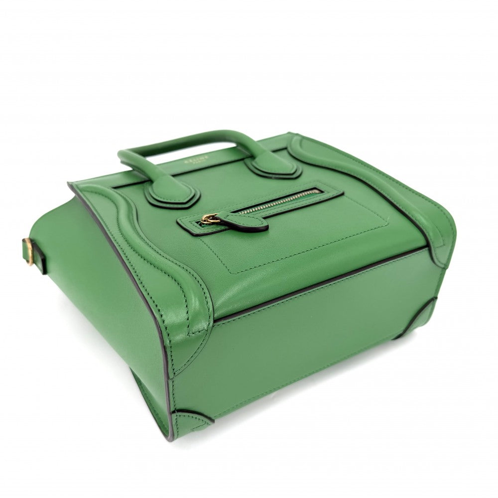 【開店SALE】 CELINE セリーヌ 2WAY ラゲージ ナノ ハンドバッグ ショルダーバッグ レザー グリーン 緑 ゴールド金具 レディース【中古品】