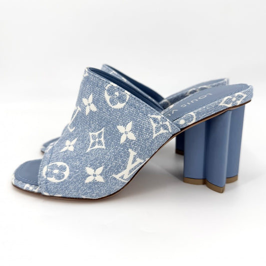 【開店SALE】 LOUIS VUITTON ルイヴィトン サンダル モノグラムデニム シルエットライン ミュール 35 1/2サイズ 約23cm ブルー 青 レディース【中古品】