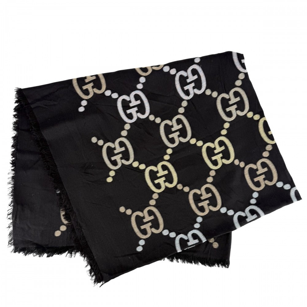 GUCCI グッチ ストール GG 総柄 スカーフ ファッションアイテム 694813 コットン シルク カシミヤ ブラック 黒 マルチカラー レディース【中古品】