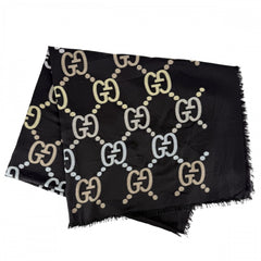【開店SALE】 GUCCI グッチ ストール GG 総柄 スカーフ ファッションアイテム 694813 コットン シルク カシミヤ ブラック 黒 マルチカラー レディース【中古品】