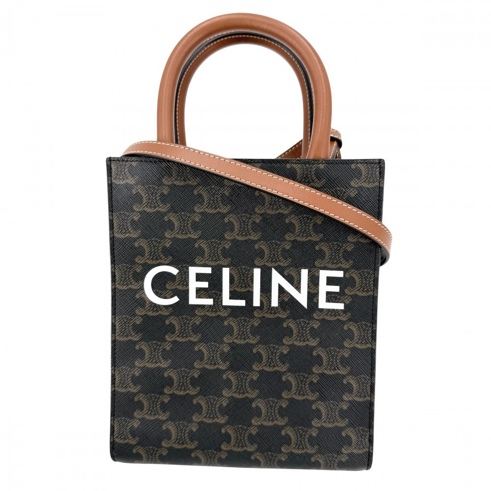 CELINE セリーヌ 2WAY ミニ バーティカルカバ ショルダーバッグ トートバッグ Mini Vertical Cabas ハンドバッグ プリント ロゴ タン 194372BZK.04LU レザー キャンバス ブラウン 茶 ゴールド金具 レディース【中古品】