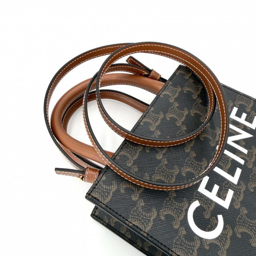 CELINE セリーヌ 2WAY ミニ バーティカルカバ ショルダーバッグ トートバッグ Mini Vertical Cabas ハンドバッグ プリント ロゴ タン 194372BZK.04LU レザー キャンバス ブラウン 茶 ゴールド金具 レディース【中古品】