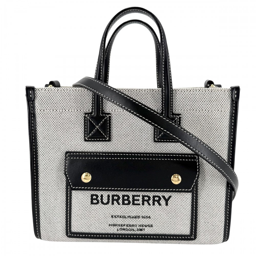 【開店SALE】 BURBERRY バーバリー 2WAY フレヤトート　ミニ ハンドバッグ ショルダーバッグ 8044142 キャンバス レザー ブラック 黒 アイボリー ゴールド金具 レディース【中古品】
