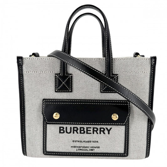 【開店SALE】 BURBERRY バーバリー 2WAY フレヤトート　ミニ ハンドバッグ ショルダーバッグ 8044142 キャンバス レザー ブラック 黒 アイボリー ゴールド金具 レディース【中古品】