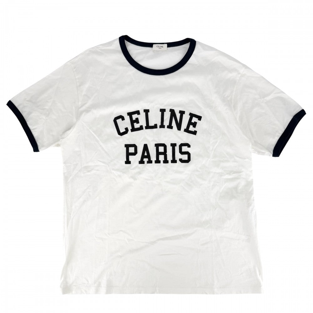 CELINE セリーヌ 半袖Ｔシャツ ロゴプリント トップス カットソー クルーネック アパレル 服 L 2X45M671Q ホワイト 白 ブラック 黒 春 夏 コットン メンズ【中古品】