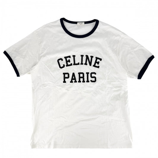 CELINE セリーヌ 半袖Ｔシャツ ロゴプリント トップス カットソー クルーネック アパレル 服 L 2X45M671Q ホワイト 白 ブラック 黒 春 夏 コットン メンズ【中古品】
