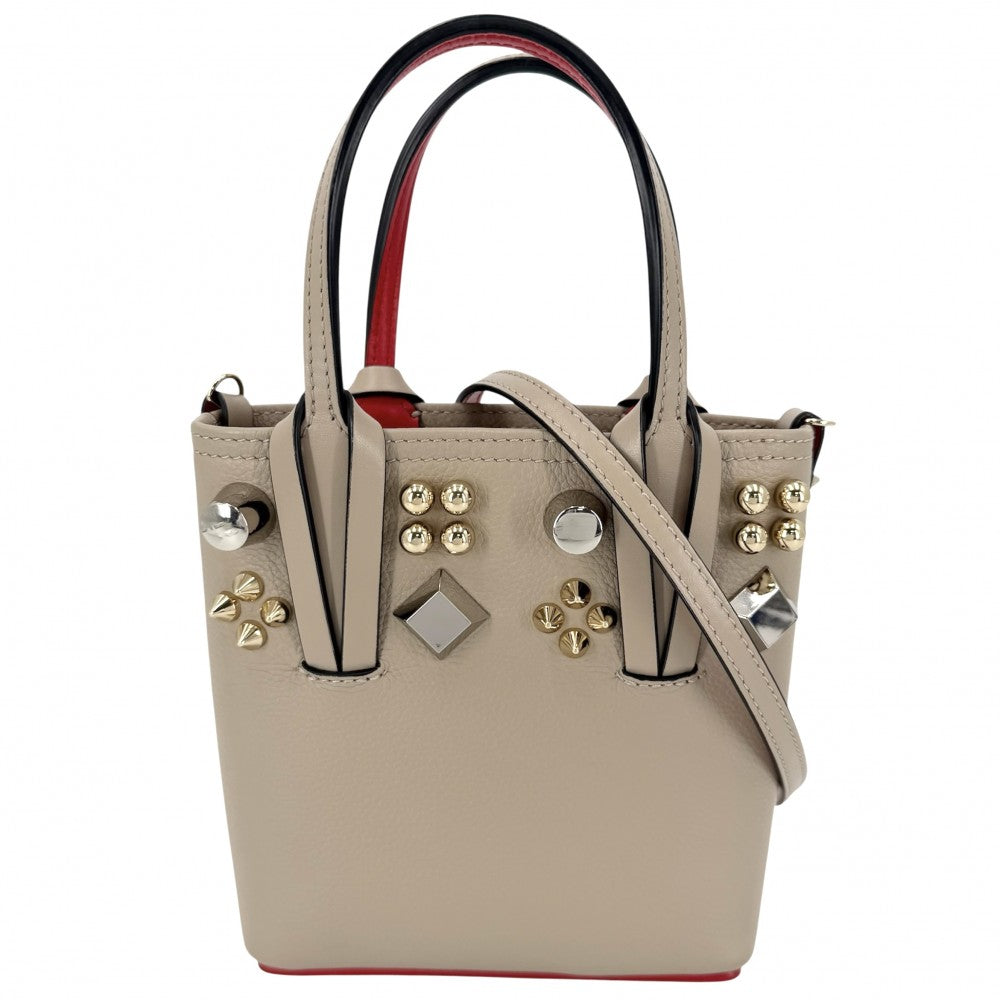 Christian Louboutin クリスチャンルブタン 2WAY カバタN/S ミニ ハンドバッグ ショルダーバッグ スタッズ ミニトートバッグ レザー ベージュ レッド 赤 シルバー×ゴールド金具 レディース【中古品】