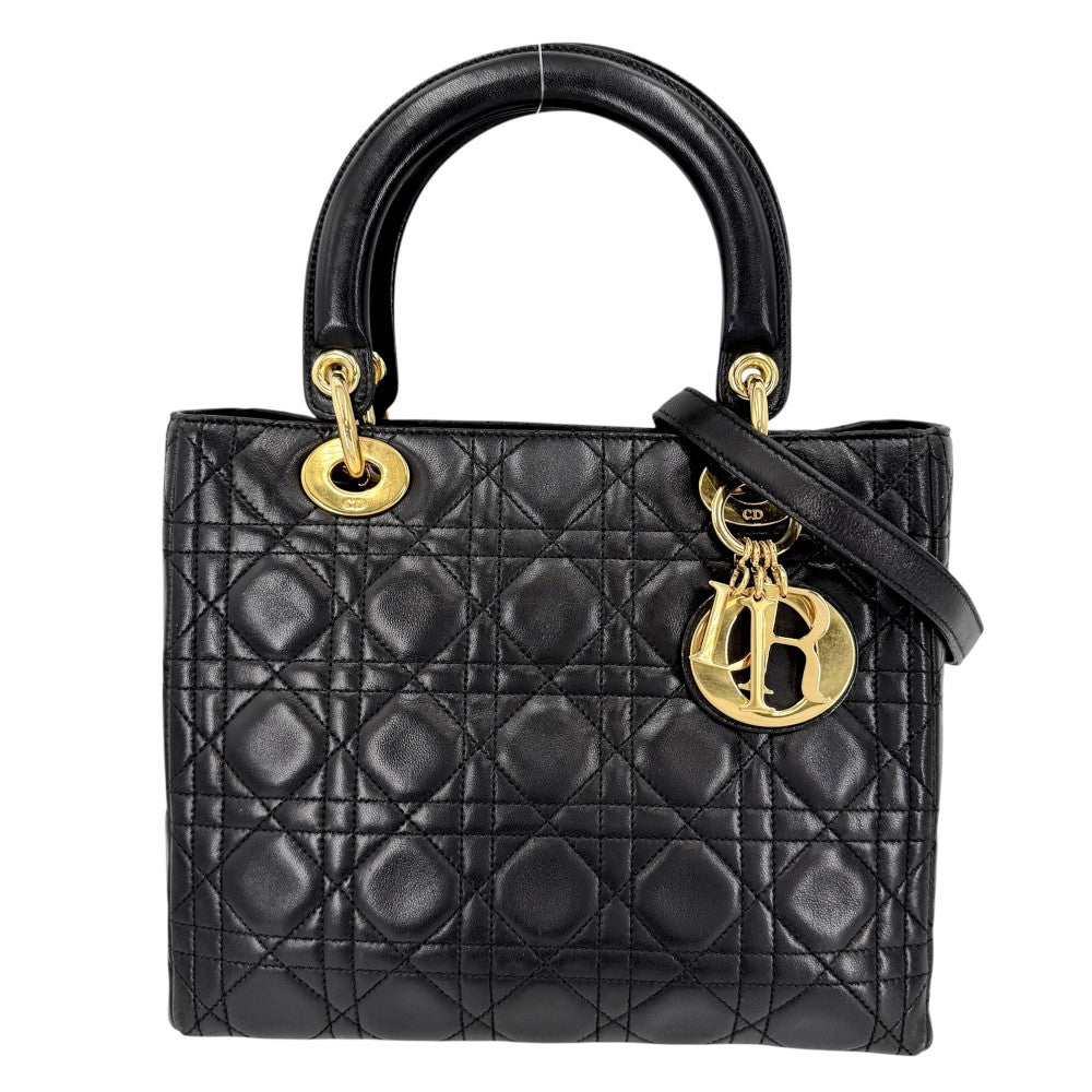 【開店SALE】 Christian Dior クリスチャンディオール 2WAY カナージュ レディディオール ハンドバッグ ショルダーバッグ ミディアム レザー ブラック 黒 ゴールド金具 レディース【中古品】