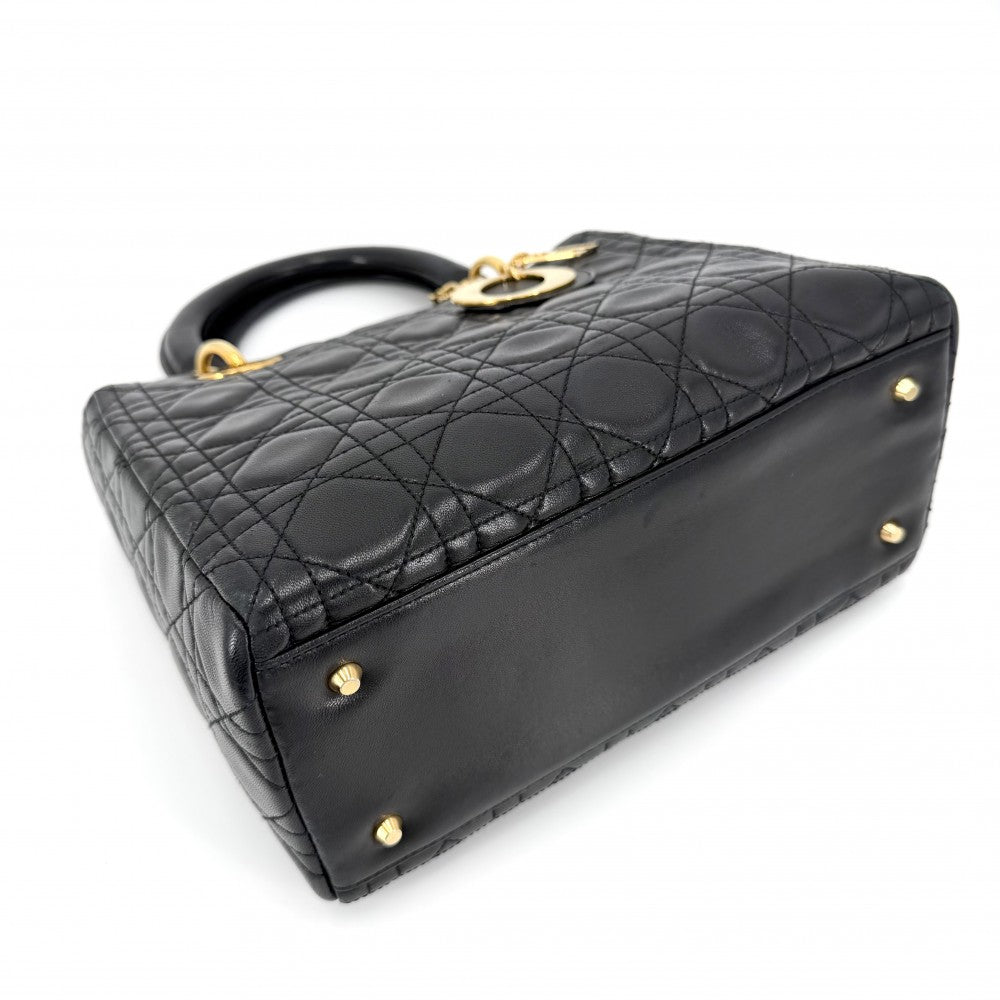 【開店SALE】 Christian Dior クリスチャンディオール 2WAY カナージュ レディディオール ハンドバッグ ショルダーバッグ ミディアム レザー ブラック 黒 ゴールド金具 レディース【中古品】