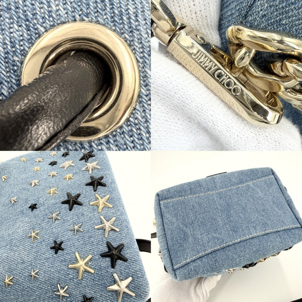 【開店SALE】 JIMMY CHOO ジミーチュウ 2WAY スタッズ ボンボンバケット ハンドバッグ ショルダーバッグ 巾着 星 スター デニム レザー ライトブルー ブラック 黒 ゴールド金具 レディース【中古品】