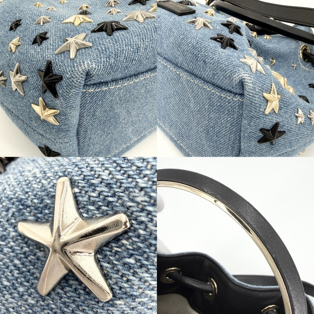 【開店SALE】 JIMMY CHOO ジミーチュウ 2WAY スタッズ ボンボンバケット ハンドバッグ ショルダーバッグ 巾着 星 スター デニム レザー ライトブルー ブラック 黒 ゴールド金具 レディース【中古品】