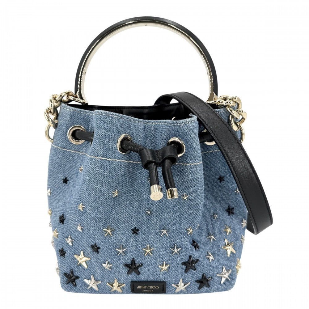 【開店SALE】 JIMMY CHOO ジミーチュウ 2WAY スタッズ ボンボンバケット ハンドバッグ ショルダーバッグ 巾着 星 スター デニム レザー ライトブルー ブラック 黒 ゴールド金具 レディース【中古品】