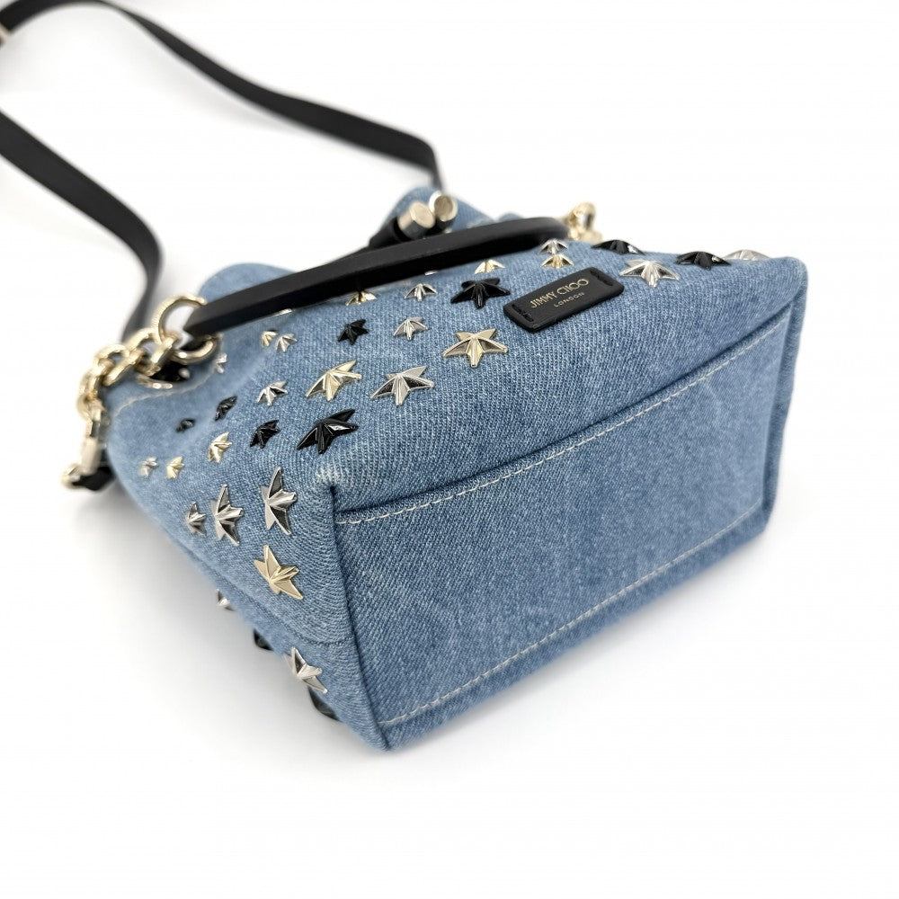 【開店SALE】 JIMMY CHOO ジミーチュウ 2WAY スタッズ ボンボンバケット ハンドバッグ ショルダーバッグ 巾着 星 スター デニム レザー ライトブルー ブラック 黒 ゴールド金具 レディース【中古品】