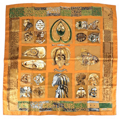 【開店SALE】 HERMES エルメス スカーフ カレ90 PERSONA ペルソナ ファッションアイテム Carres シルク オレンジ ブラウン 茶 レディース【中古品】