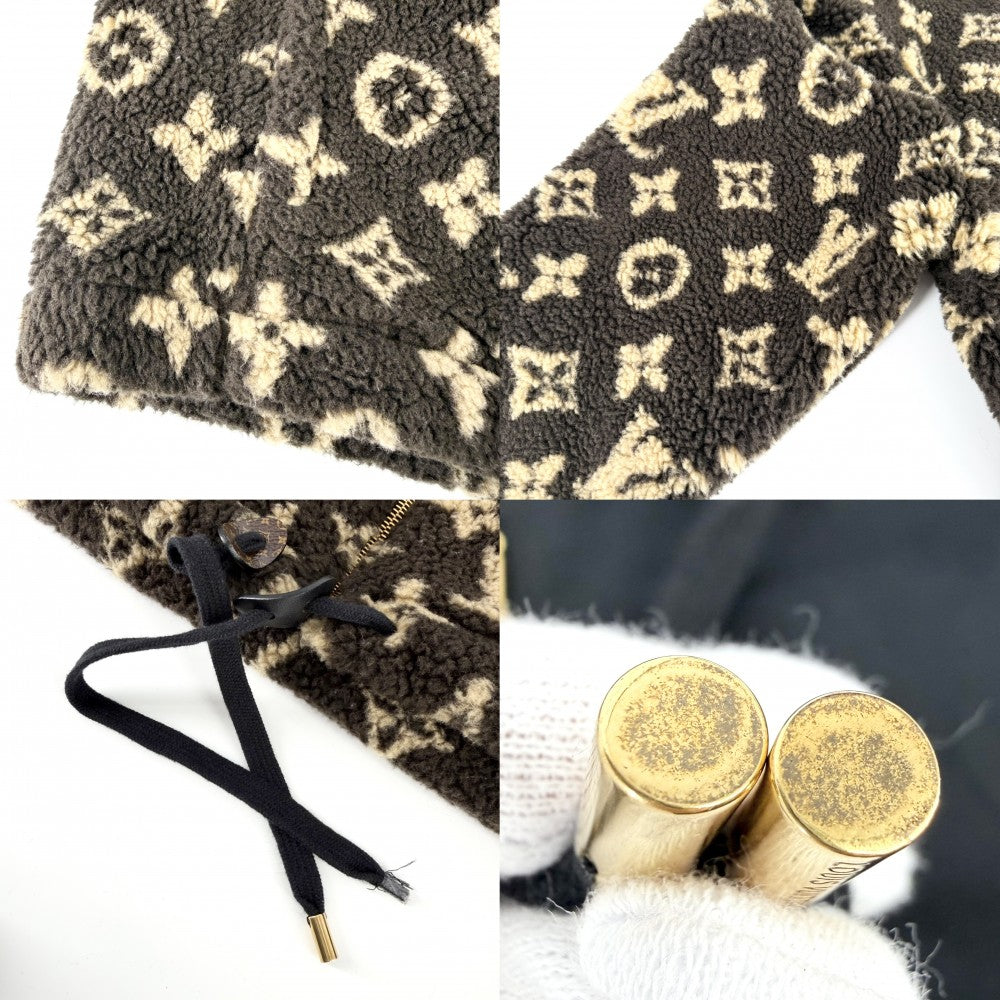 【開店SALE】 LOUIS VUITTON ルイヴィトン ブルゾン LVロゴフリース フード ボアジャケット アパレル 服 アウター 34 ブラウン 茶 ブラック 黒 ゴールド金具 冬 ウール アクリル ポリエステル レディース【中古品】