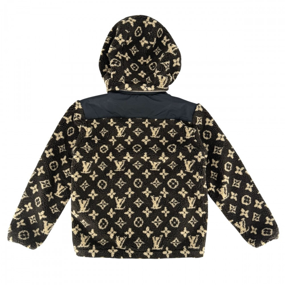 【開店SALE】 LOUIS VUITTON ルイヴィトン ブルゾン LVロゴフリース フード ボアジャケット アパレル 服 アウター 34 ブラウン 茶 ブラック 黒 ゴールド金具 冬 ウール アクリル ポリエステル レディース【中古品】
