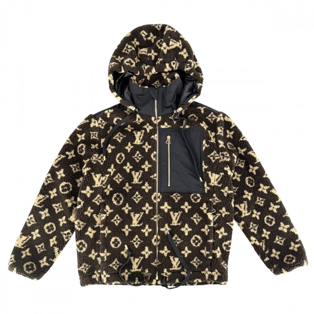 【開店SALE】 LOUIS VUITTON ルイヴィトン ブルゾン LVロゴフリース フード ボアジャケット アパレル 服 アウター 34 ブラウン 茶 ブラック 黒 ゴールド金具 冬 ウール アクリル ポリエステル レディース【中古品】