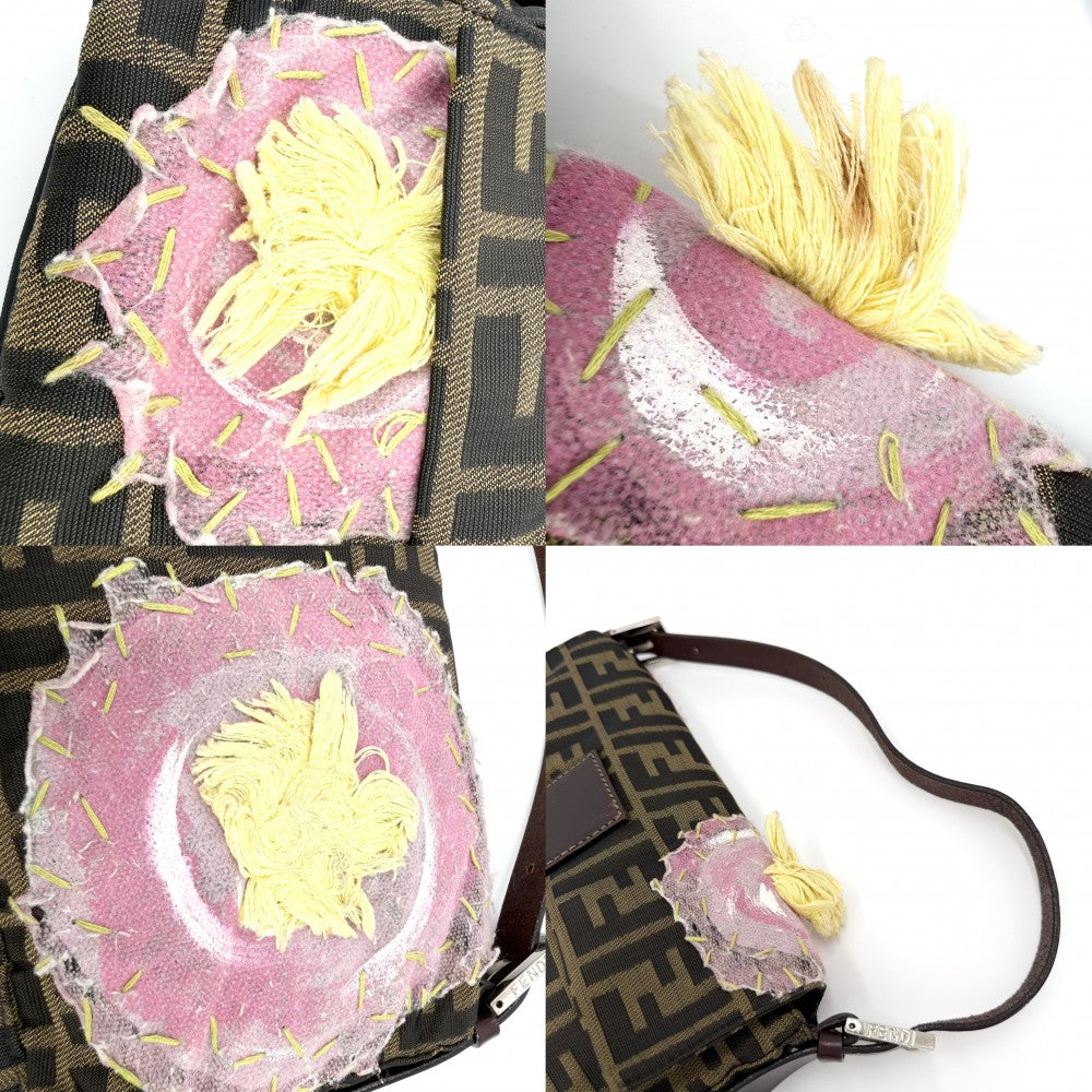 【開店SALE】 FENDI フェンディ ハンドバッグ マンマバケット 刺繍 セミショルダーバッグ 26424 フラワーモチーフ キャンバス レザー ブラウン 茶 ピンク シルバー金具 レディース【中古品】
