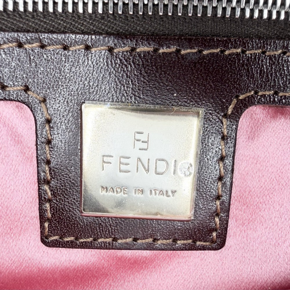 【開店SALE】 FENDI フェンディ ハンドバッグ マンマバケット 刺繍 セミショルダーバッグ 26424 フラワーモチーフ キャンバス レザー ブラウン 茶 ピンク シルバー金具 レディース【中古品】