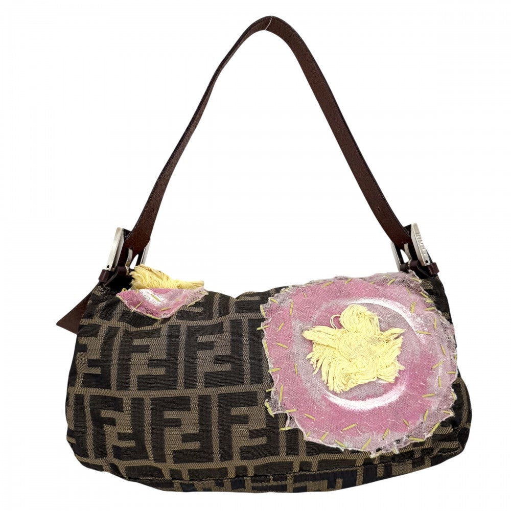 【開店SALE】 FENDI フェンディ ハンドバッグ マンマバケット 刺繍 セミショルダーバッグ 26424 フラワーモチーフ キャンバス レザー ブラウン 茶 ピンク シルバー金具 レディース【中古品】