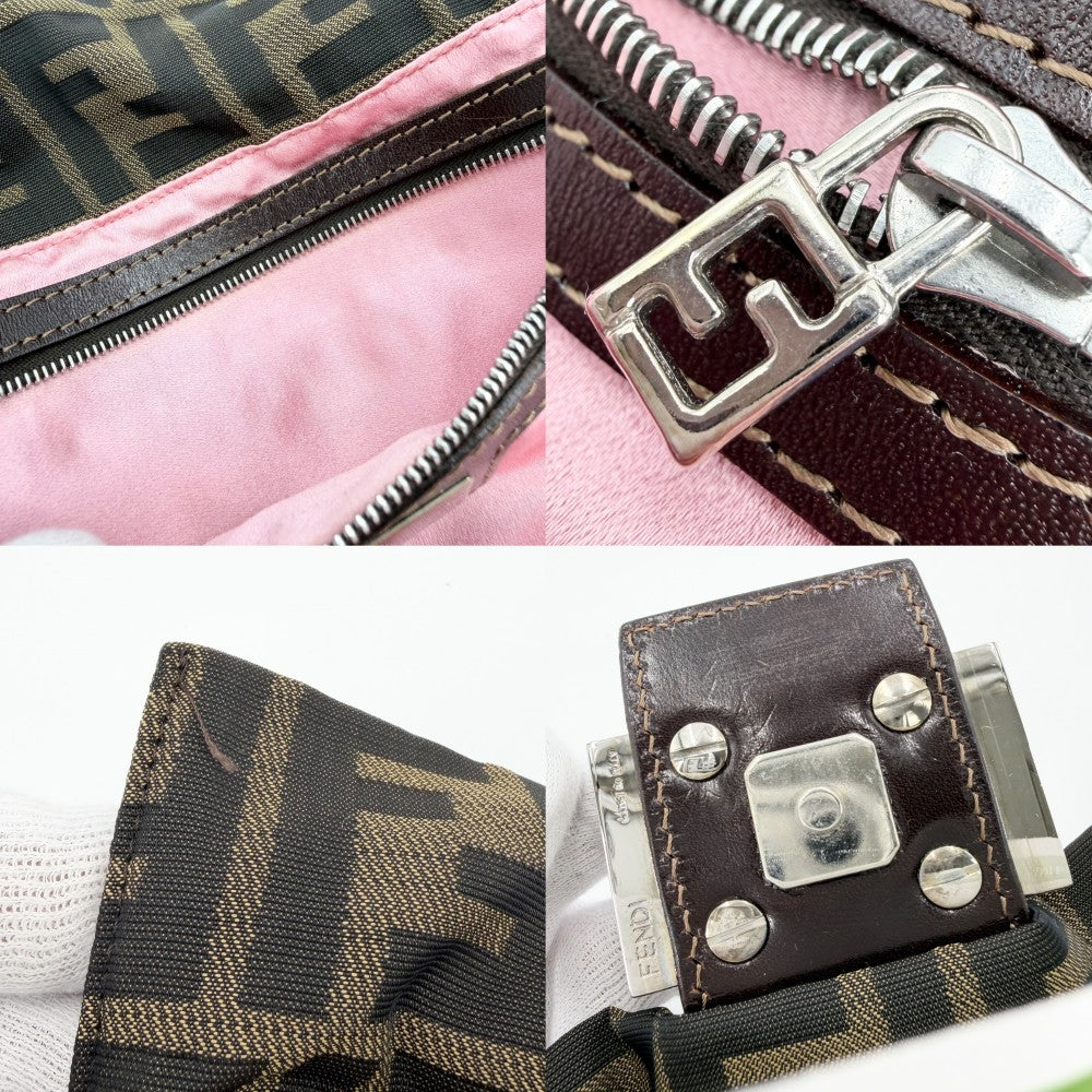 【開店SALE】 FENDI フェンディ ハンドバッグ マンマバケット 刺繍 セミショルダーバッグ 26424 フラワーモチーフ キャンバス レザー ブラウン 茶 ピンク シルバー金具 レディース【中古品】