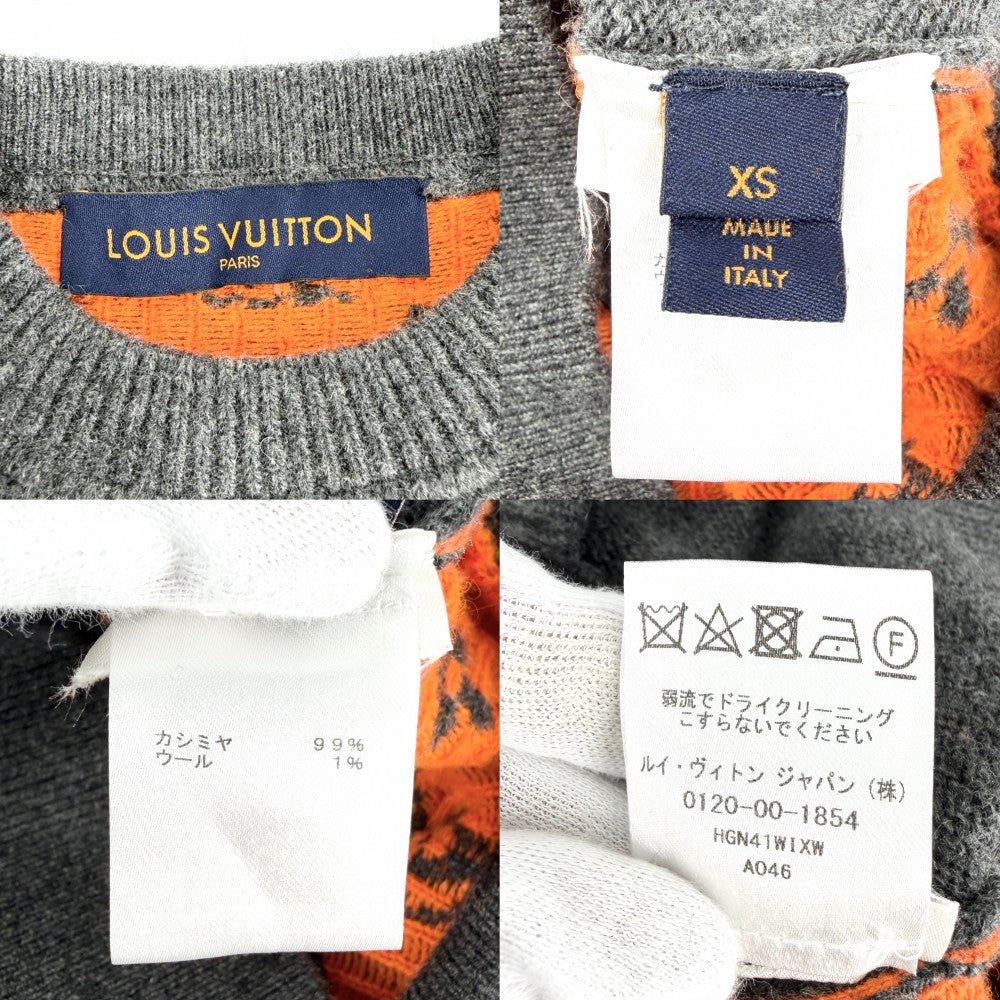 【開店SALE】 LOUIS VUITTON ルイヴィトン ニット モノグラム トップス クルーネックセーター 長袖 アパレル 服 XS グレー オレンジ 秋 冬 カシミヤ ウール メンズ【中古品】