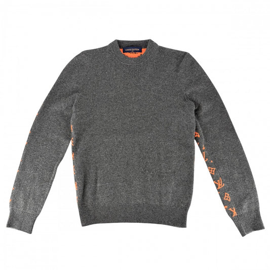 【開店SALE】 LOUIS VUITTON ルイヴィトン ニット モノグラム トップス クルーネックセーター 長袖 アパレル 服 XS グレー オレンジ 秋 冬 カシミヤ ウール メンズ【中古品】