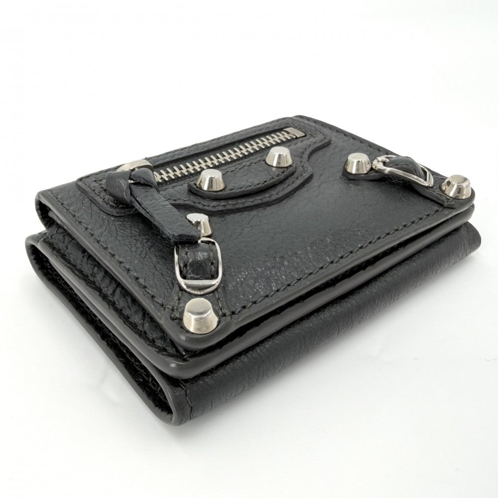 BALENCIAGA バレンシアガ 三つ折り財布 クラシックミニ ミニ財布 コンパクトウォレット 431653 レザー グレー シルバー金具 レディース【中古品】