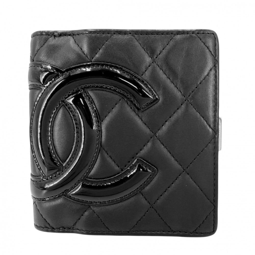 【開店SALE】 CHANEL シャネル 二つ折り財布 マトラッセ カンボンライン ミニ財布 コンパクトウォレット ココマーク ラムスキン エナメル ブラック 黒 ピンク シルバー金具 レディース【中古品】