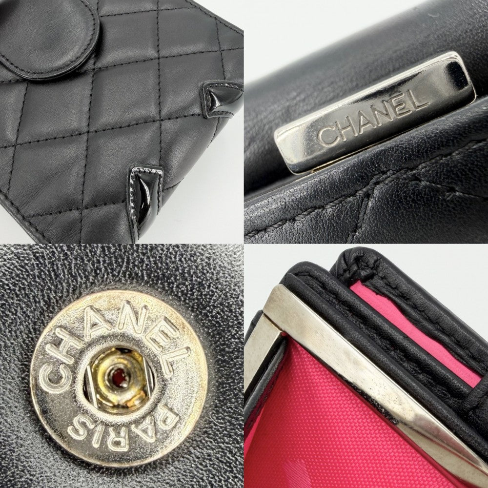 【開店SALE】 CHANEL シャネル 二つ折り財布 マトラッセ カンボンライン ミニ財布 コンパクトウォレット ココマーク ラムスキン エナメル ブラック 黒 ピンク シルバー金具 レディース【中古品】