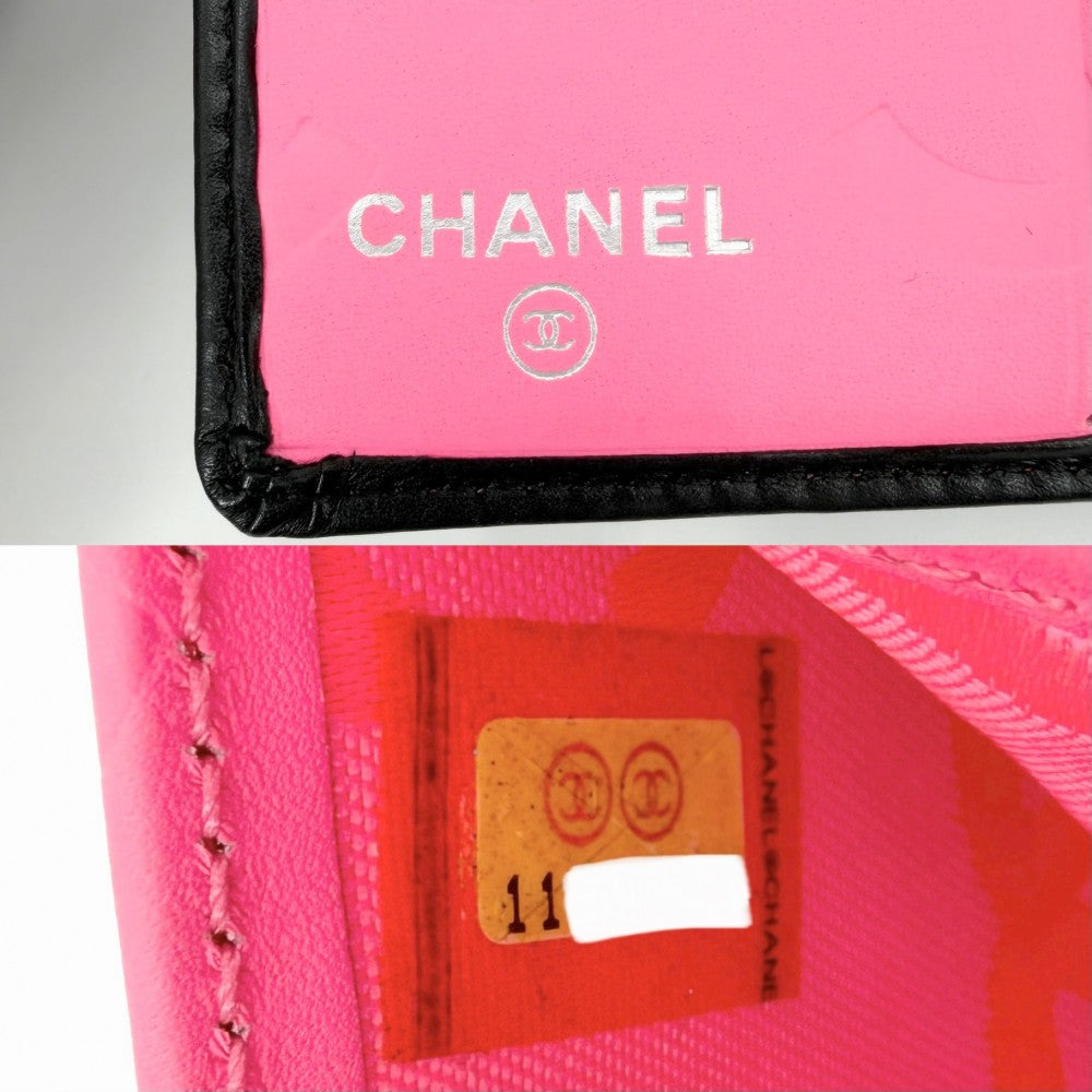 【開店SALE】 CHANEL シャネル 二つ折り財布 マトラッセ カンボンライン ミニ財布 コンパクトウォレット ココマーク ラムスキン エナメル ブラック 黒 ピンク シルバー金具 レディース【中古品】